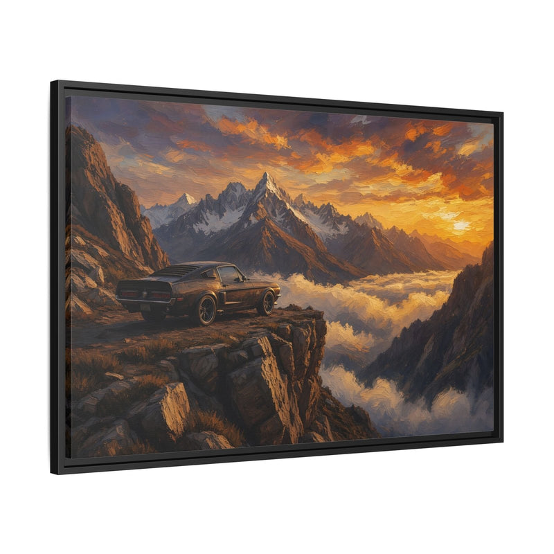 Black-framed canvas wall art, side perspective, showing muscle car scene over mountain valley