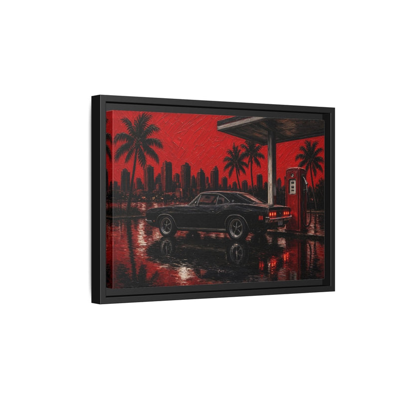Framed canvas wall art side view with a black muscle car and red palm night scene