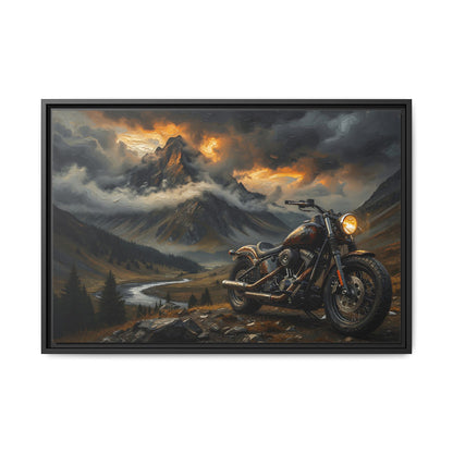 Framed matte canvas wall art, black frame, motorcycle in mountain landscape at dusk
