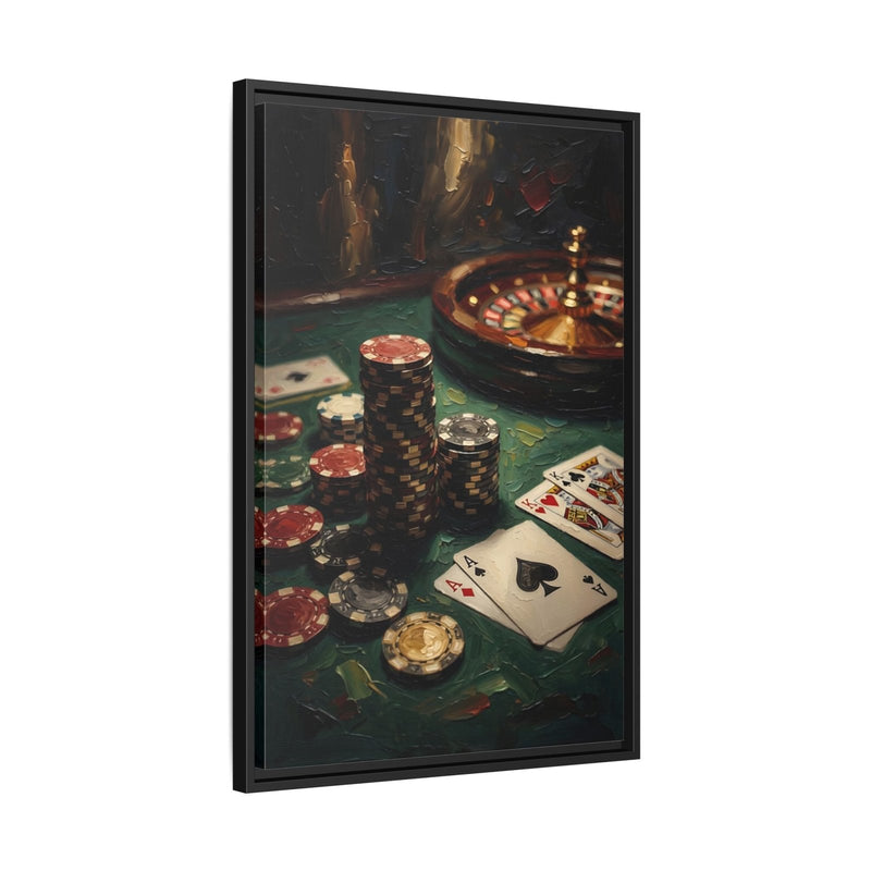 Black framed roulette and poker canvas with roulette wheel, chip stacks, and playing cards