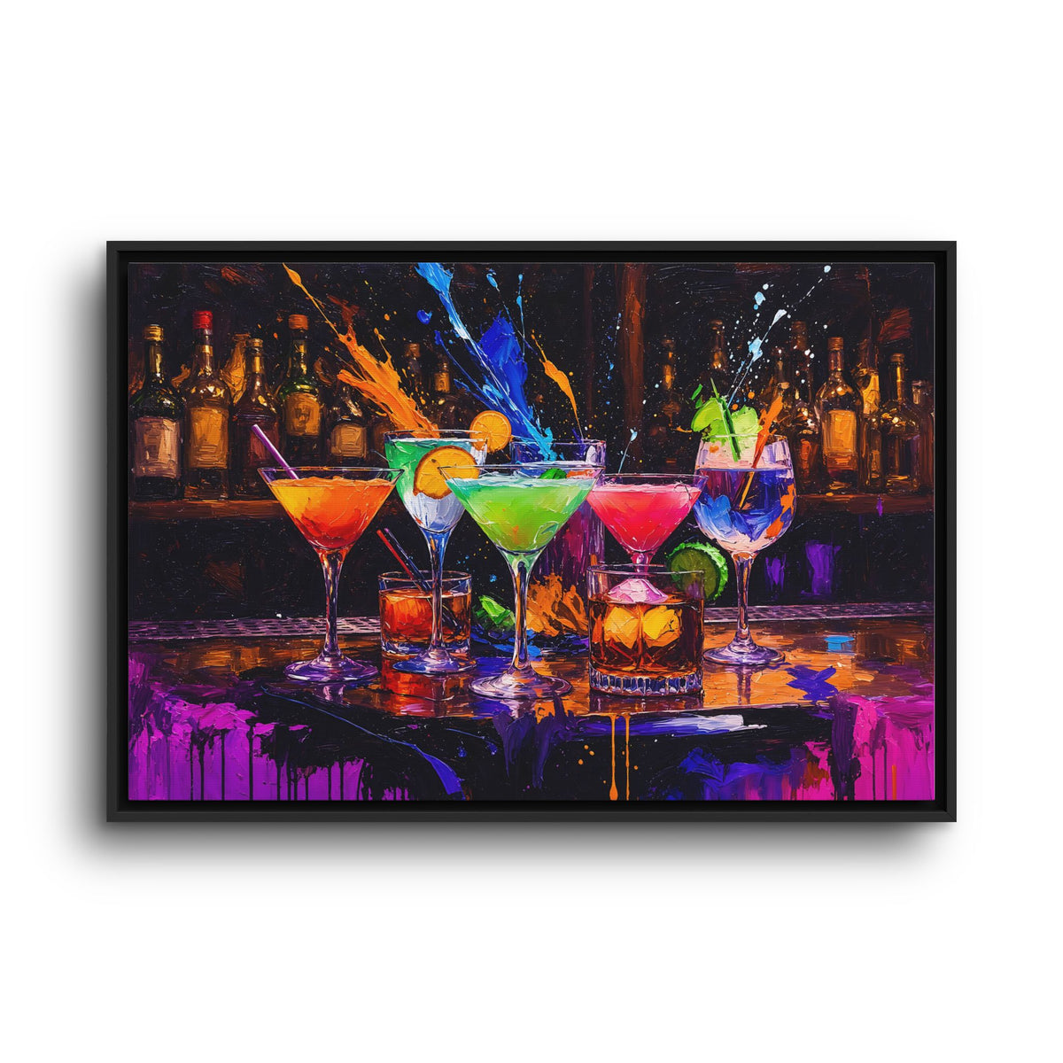 Black-framed bar art print with colorful cocktails and vivid paint splashes