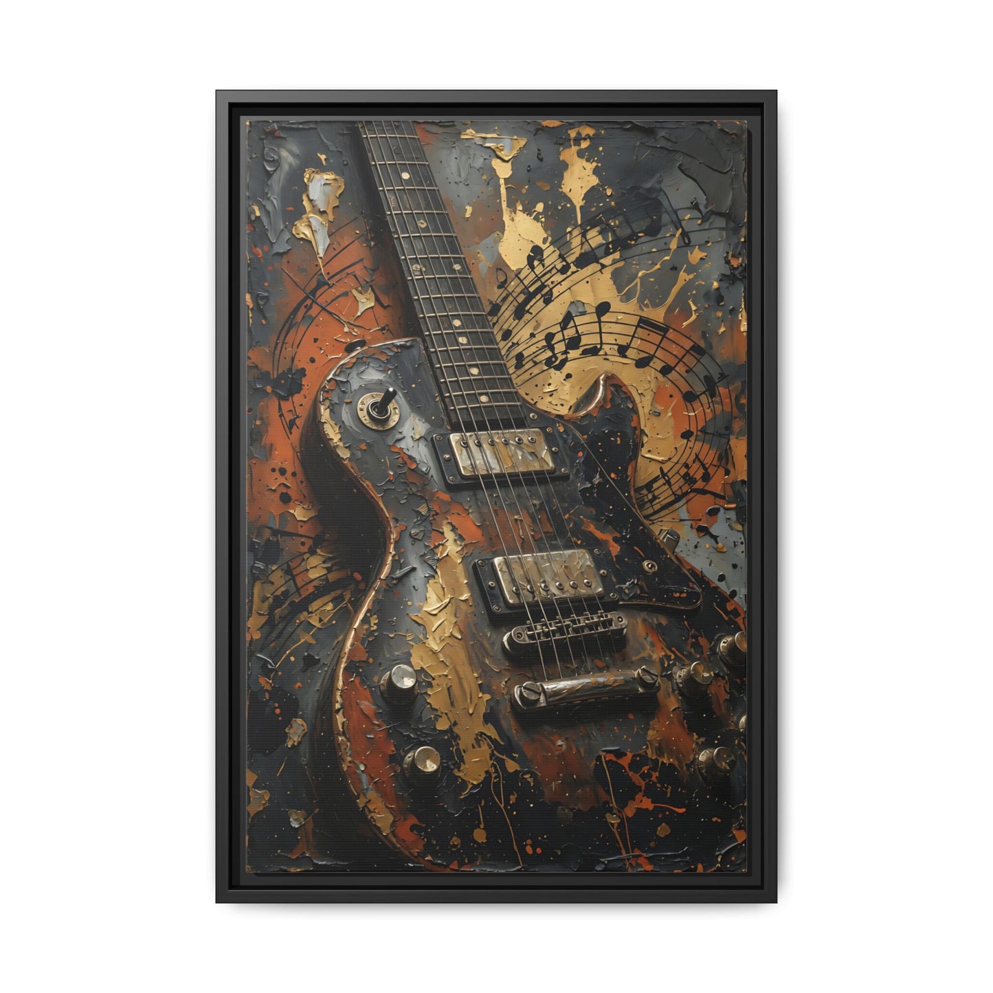 Framed Guitar Canvas Art — Vintage Electric Guitar with Musical Notes