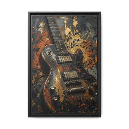 Framed Guitar Canvas Art — Vintage Electric Guitar with Musical Notes