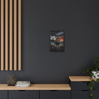 Lion and Wolf Matte Framed Canvas — Majestic Wildlife Sunset Wall Art