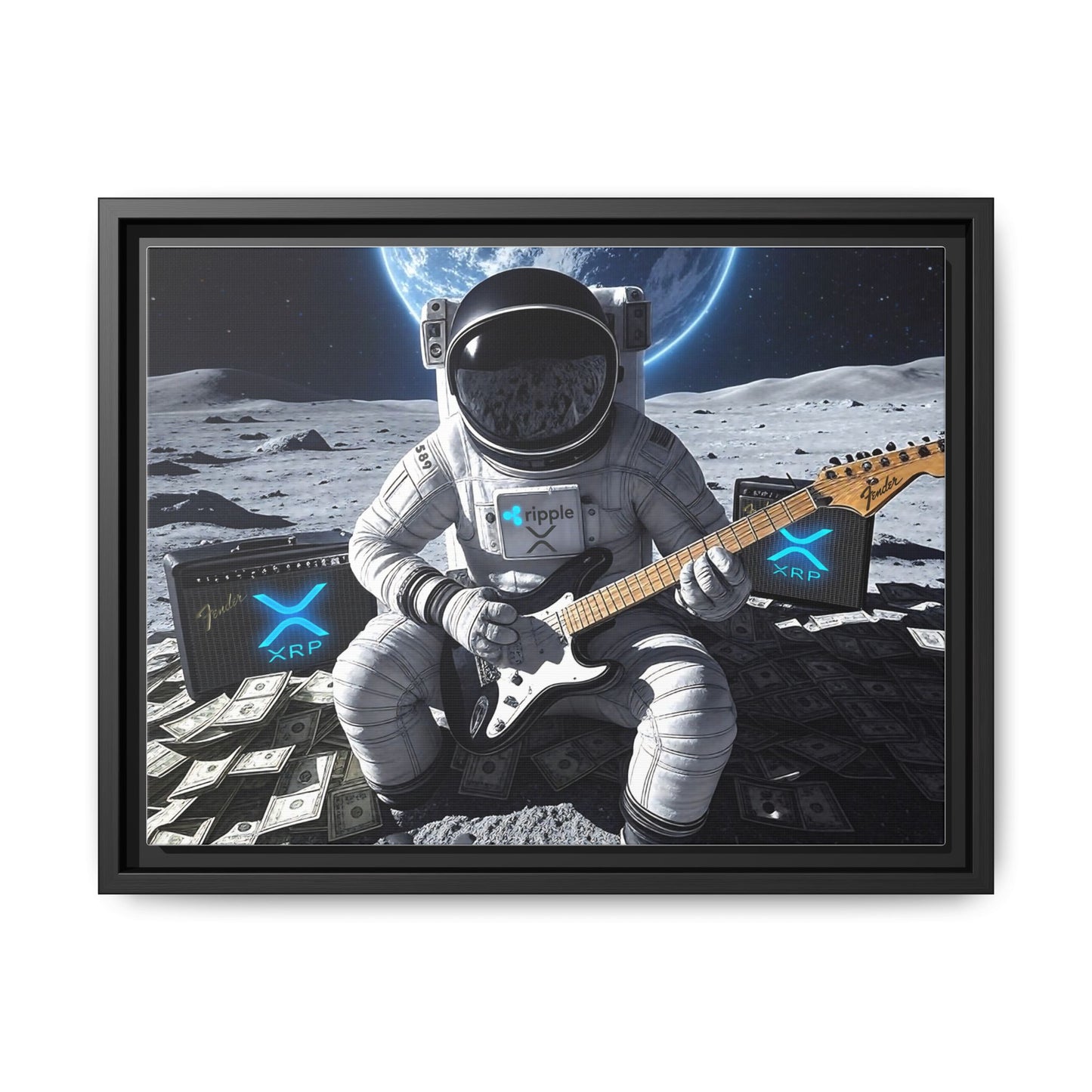 XRP To The Moon! Astronaut Playing Electric Guitar Canvas | Framed Wall Art