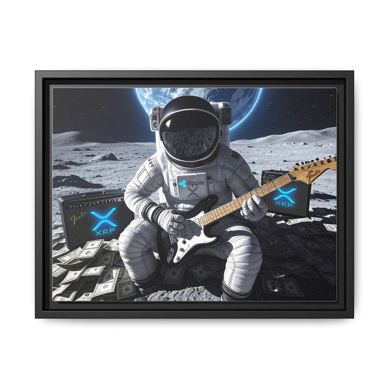 Framed wall art of astronaut playing electric guitar, helmet visor and guitar centered