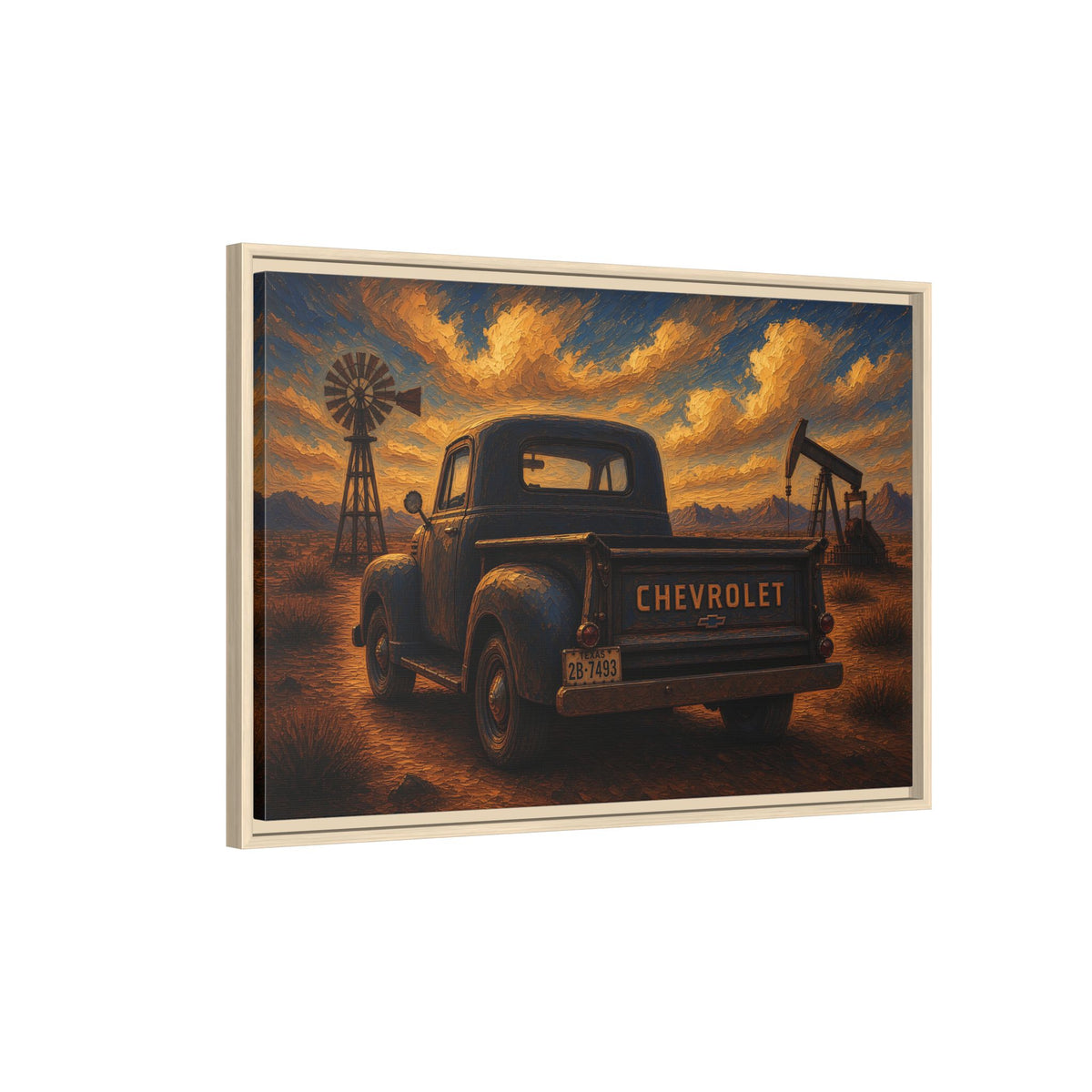 Vintage Chevrolet Oil Field Sunset | Framed Canvas Wall Art