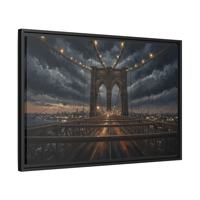 Angled black framed matte canvas featuring Brooklyn Bridge at dusk and lit suspension cables.