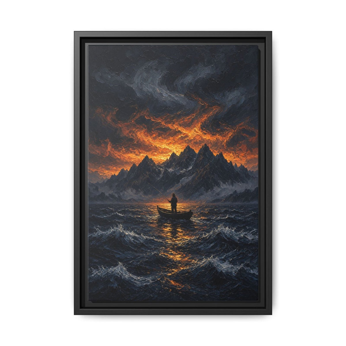 Framed canvas wall art showing stormy night sea, fiery orange horizon, lone fisherman