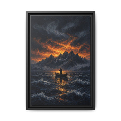 Framed canvas wall art showing stormy night sea, fiery orange horizon, lone fisherman