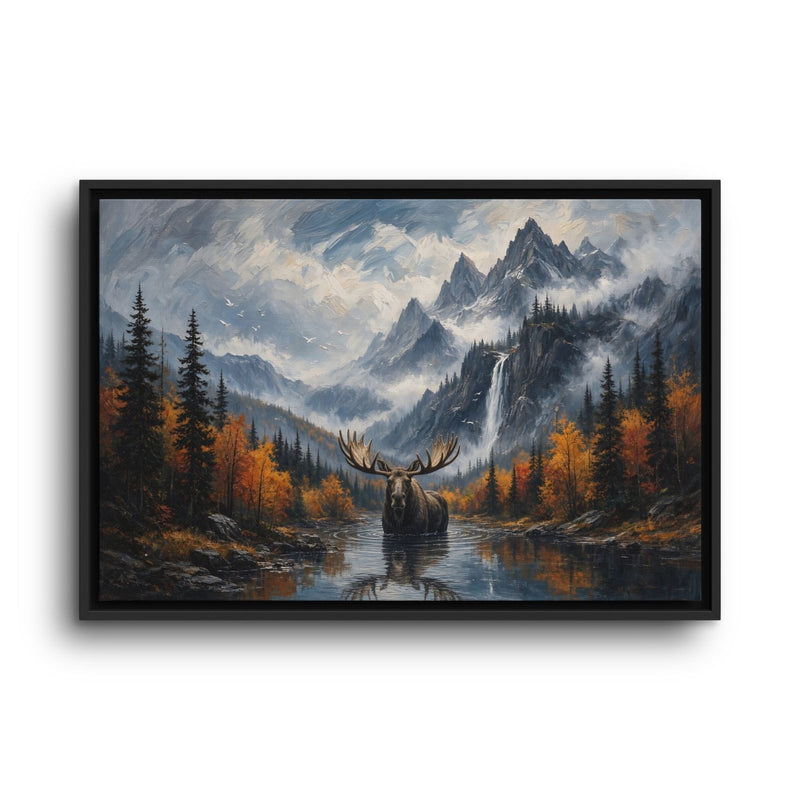 Moose landscape canvas print in a black frame, reflecting in a stream beneath autumn trees