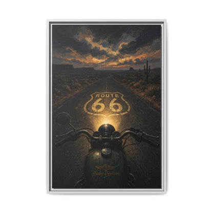 Framed Route 66 motorcycle canvas print, glowing Route 66 emblem over desert highway at dusk