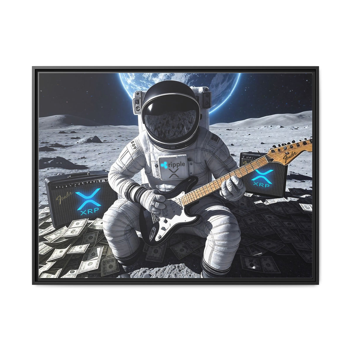 XRP To The Moon! Astronaut Playing Electric Guitar Canvas | Framed Wall Art