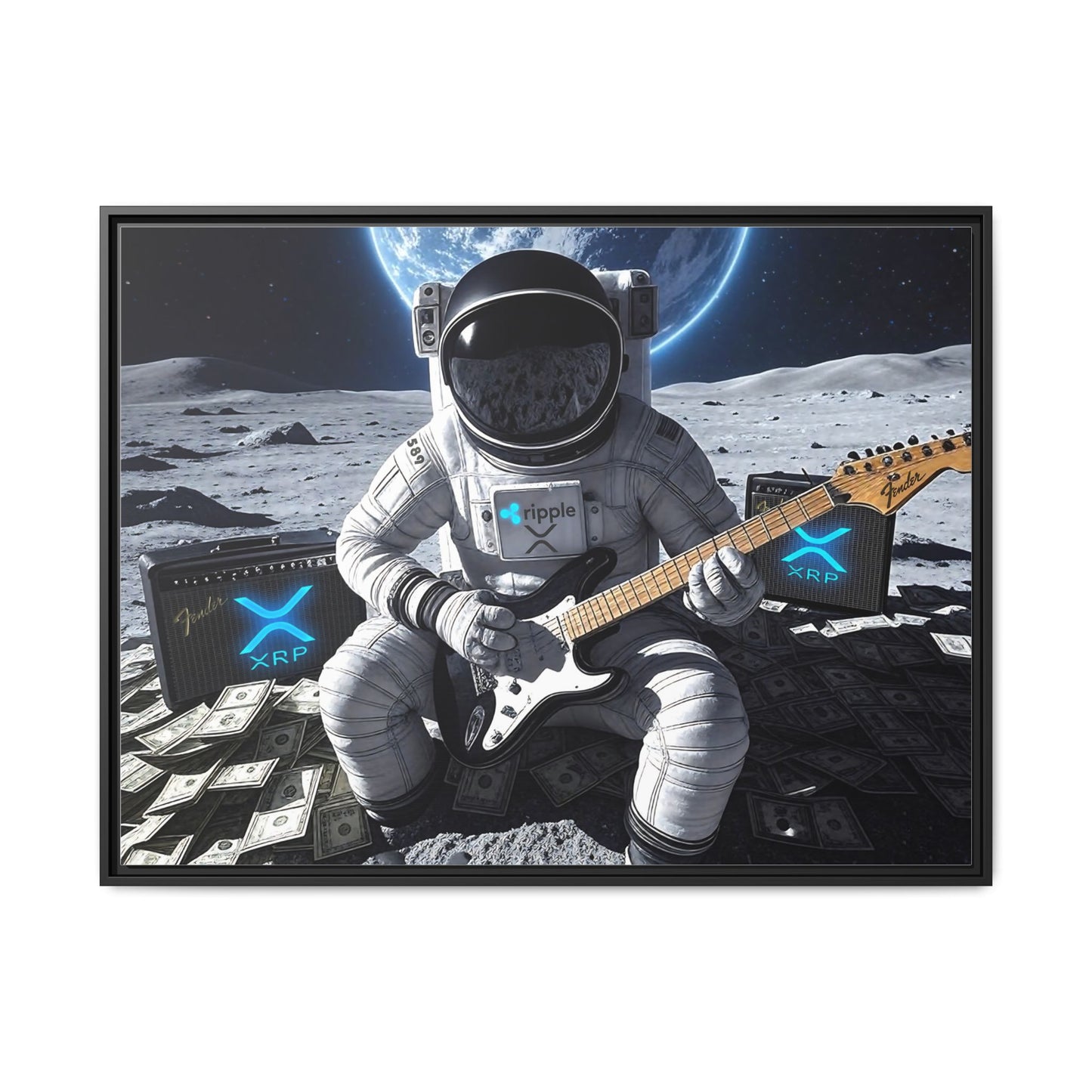 XRP To The Moon! Astronaut Playing Electric Guitar Canvas | Framed Wall Art