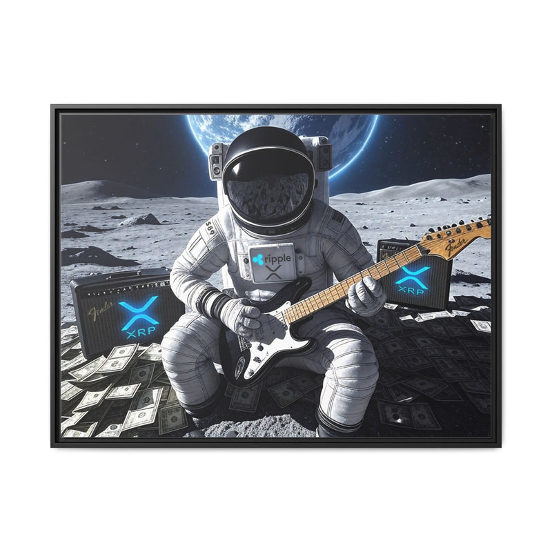 Framed wall art with helmeted astronaut holding an electric guitar, space background