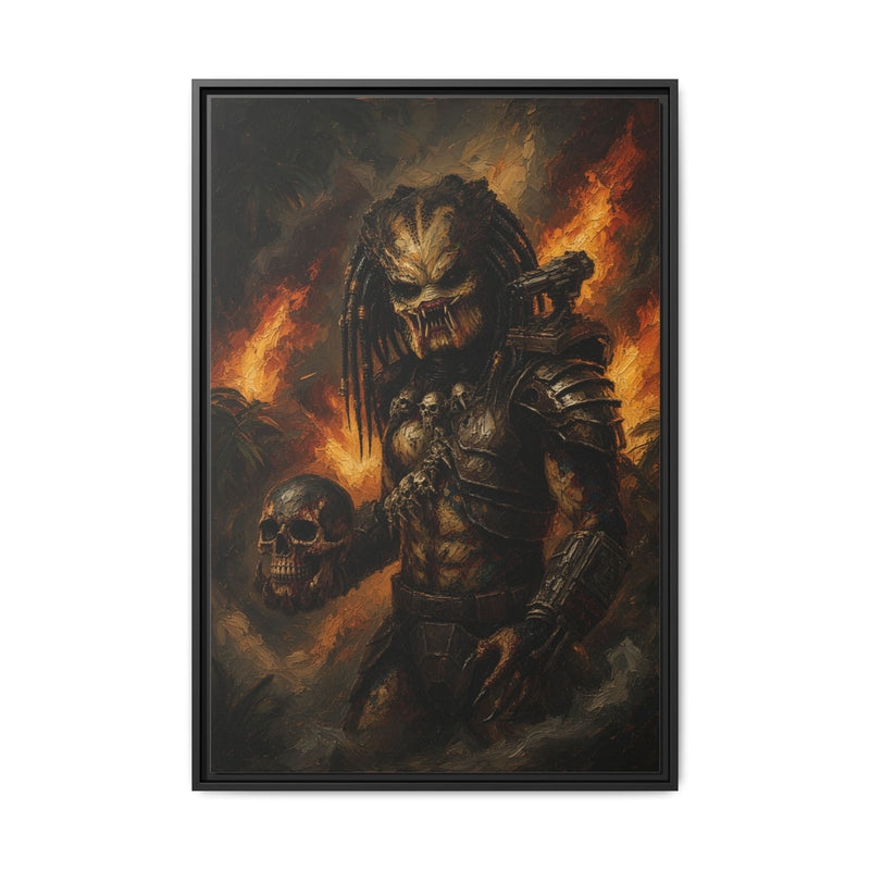 Black framed canvas wall art showing a predator warrior with skulls and blazing orange fire