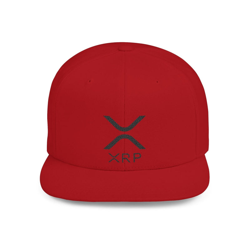 Red flat bill snapback hat with black XRP logo on front panel