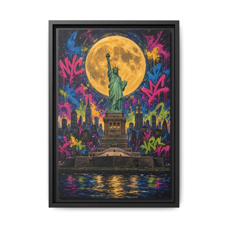 Framed wall canvas featuring Statue of Liberty holding torch beneath a full moon