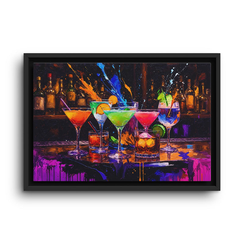 Black-framed cocktail bar art print with colorful drinks and paint splashes