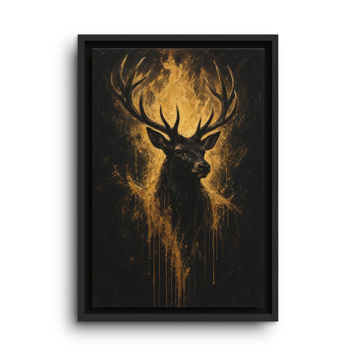Deer canvas wall art in a black frame, with a gold-painted stag on a dark background
