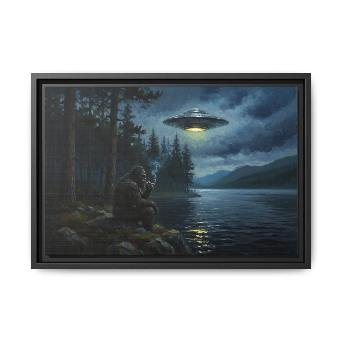 Bigfoot & UFO Matte Canvas Print — Framed Sasquatch Smoke Break  Wall Art