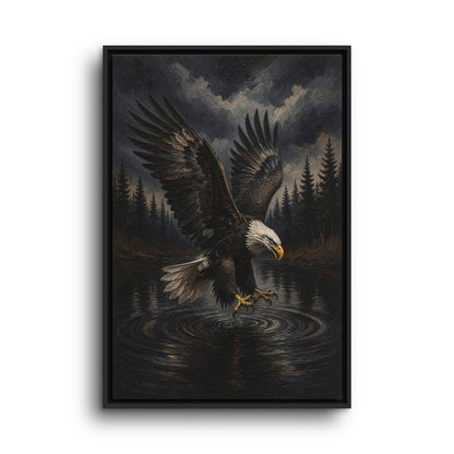 Black-framed eagle canvas showing the bird lowering its talons toward the water