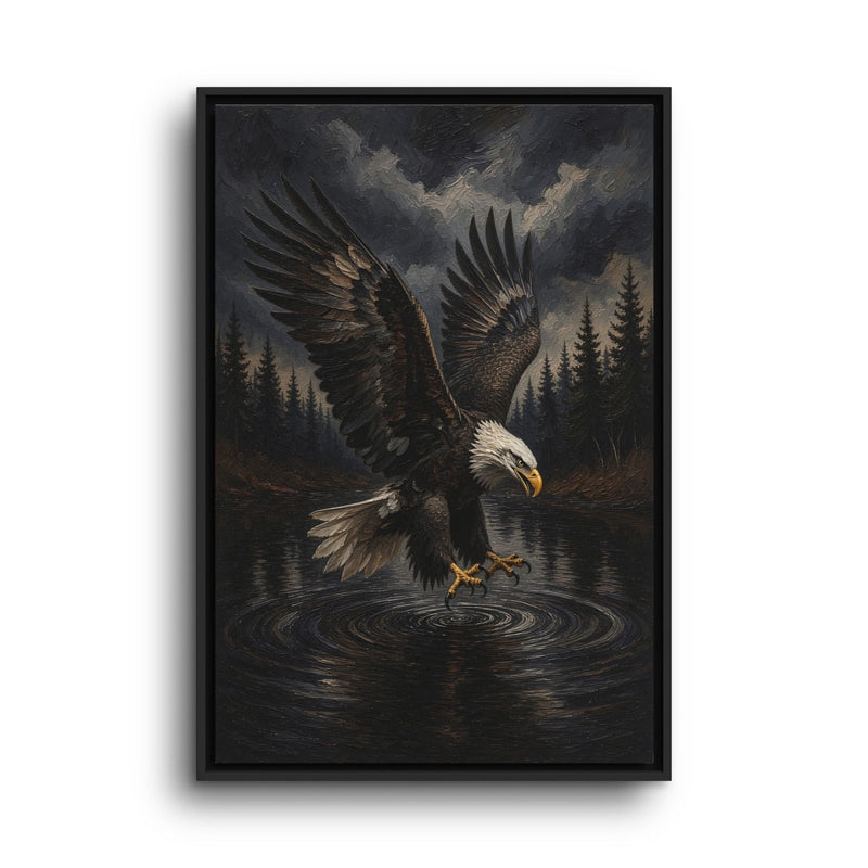 Black-framed eagle canvas showing the bird lowering its talons toward the water