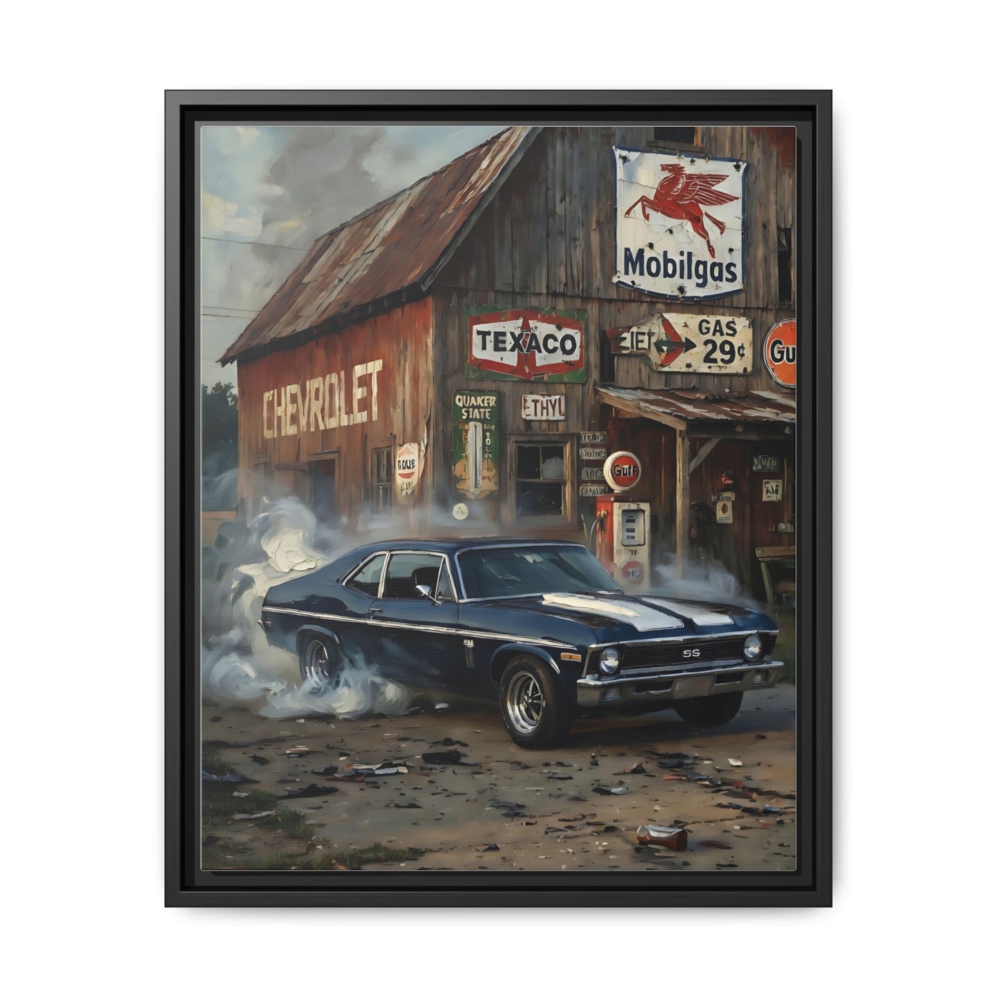 Chevy Muscle Car Canvas Framed | Rustic Gas Station Wall Art