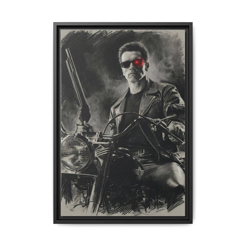 Framed matte canvas wall art: grayscale cyborg figure with red eye and gun