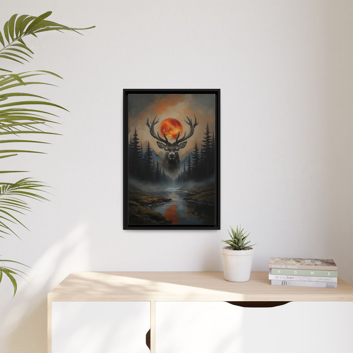 Stag Silhouette with Blood Moon -  Framed Matte Canvas Art