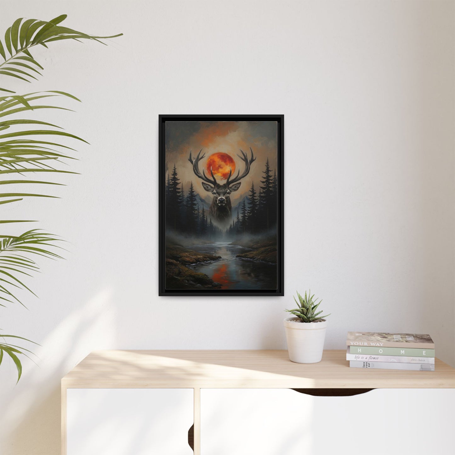 Stag Silhouette with Blood Moon -  Framed Matte Canvas Art