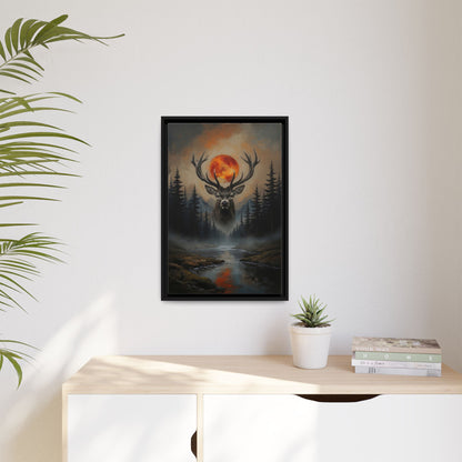 Stag Silhouette with Blood Moon -  Framed Matte Canvas Art