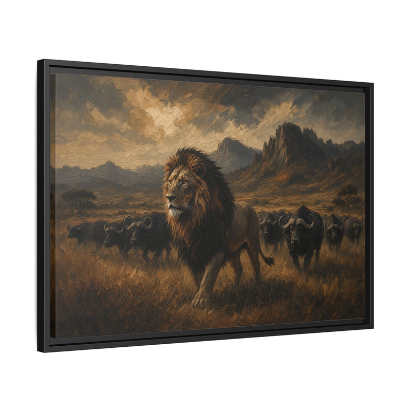 Angled black framed canvas featuring lion at center with buffalo herd in savanna