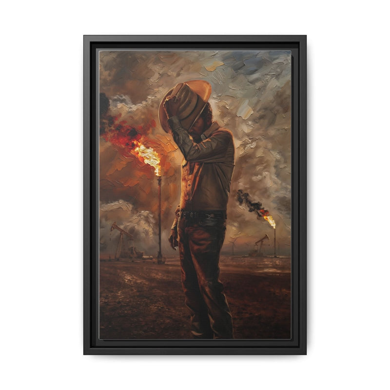 Framed matte canvas wall art of orange-helmeted worker with raised hands, fiery glow