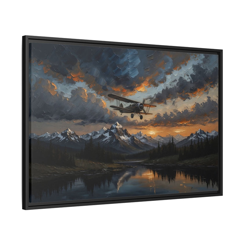 Black-framed framed matte canvas angled view of biplane over mountains and lake