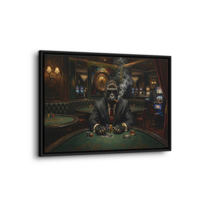 Framed canvas wall art of a suited gorilla dealer with cigar smoke, centered composition