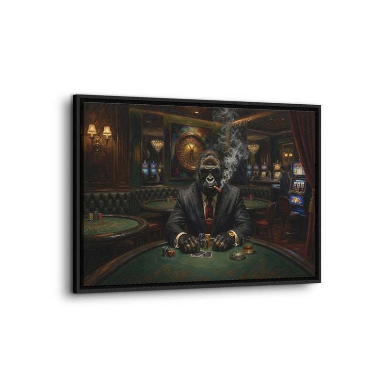 Framed canvas wall art of a suited gorilla dealer with cigar smoke, centered composition