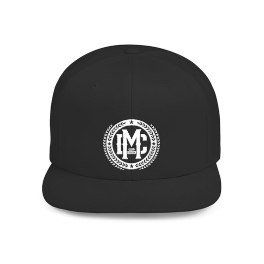 Black flat-bill snapback hat with white IM logo on front