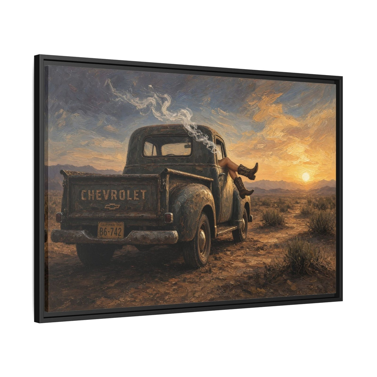 Angled view framed canvas with vintage Chevrolet pickup, cowgirl, and desert sunset artwork.