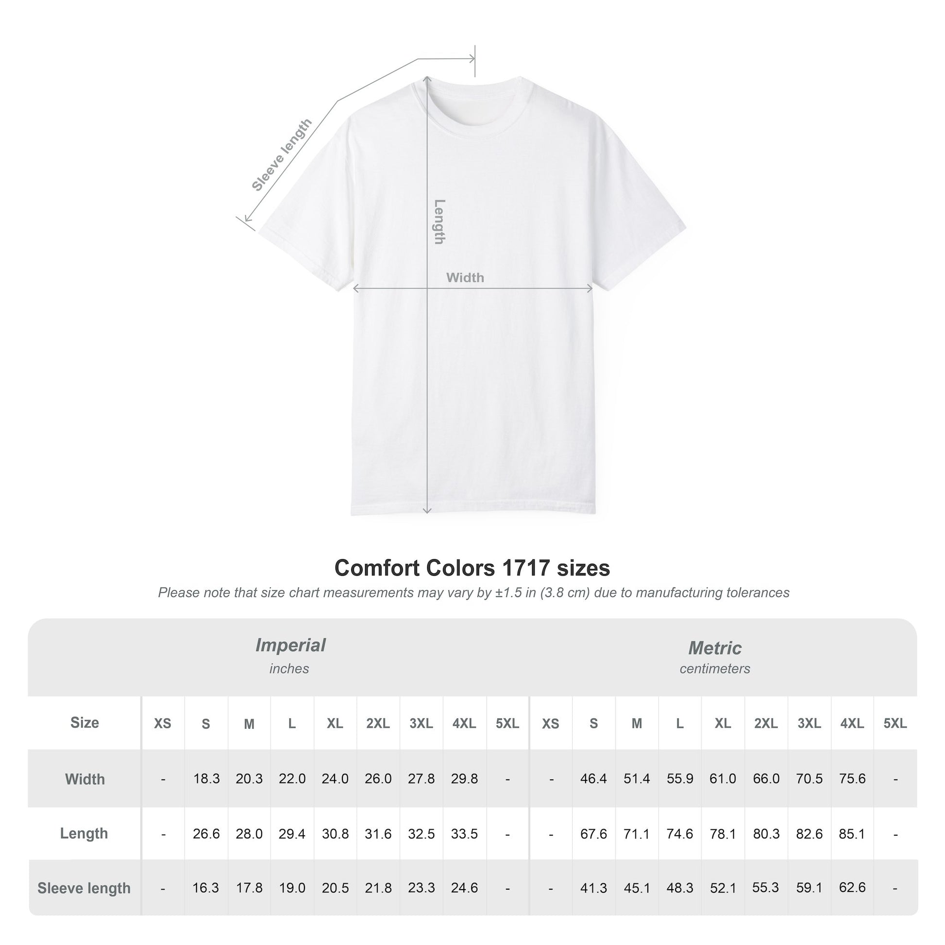White T-shirt size guide diagram with measurement lines