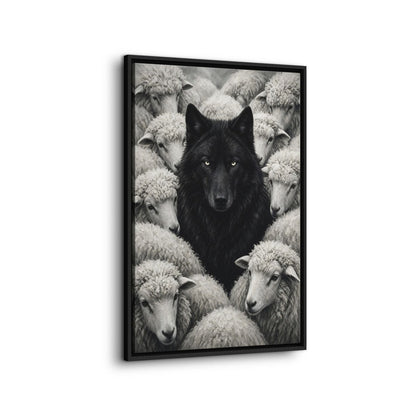 Framed grayscale canvas art of a black wolf nestled among sheep