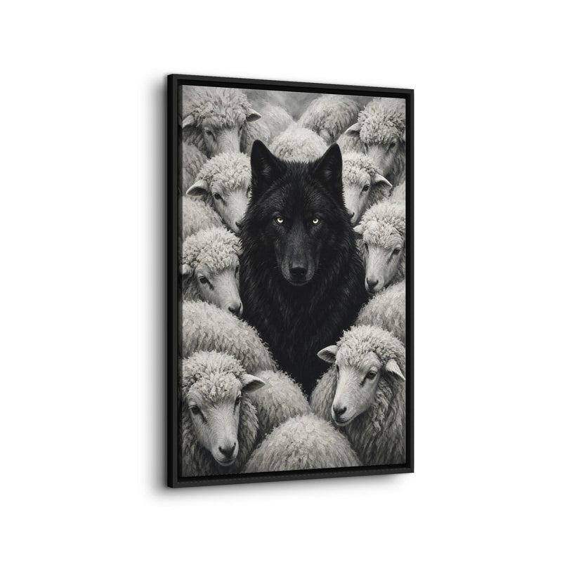 Framed grayscale canvas art of a black wolf nestled among sheep