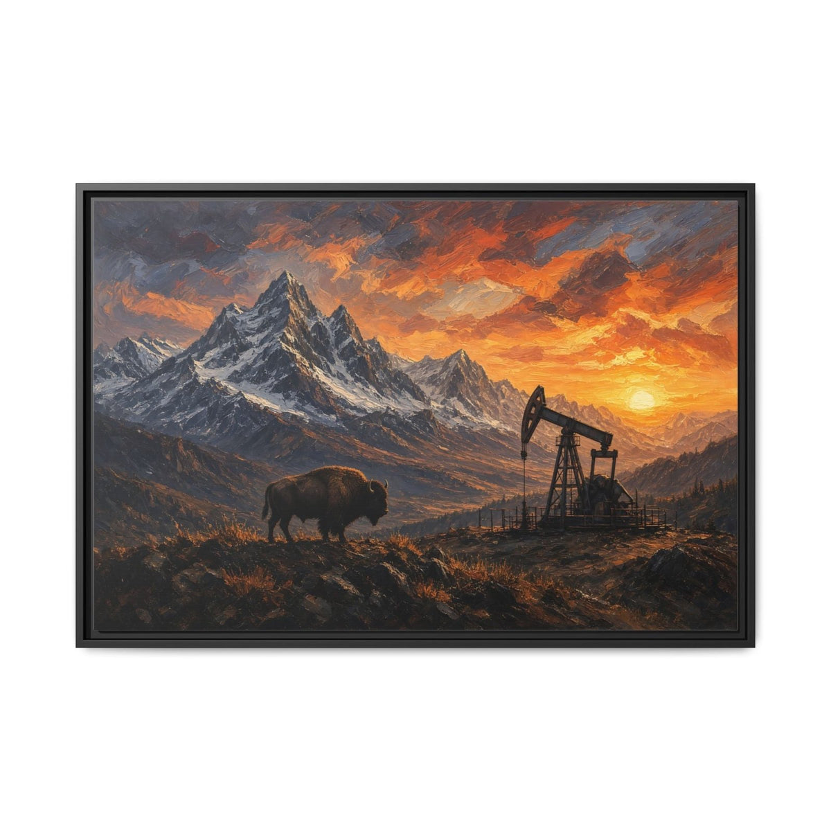 Framed matte canvas featuring bison and pumpjack at fiery orange sunset