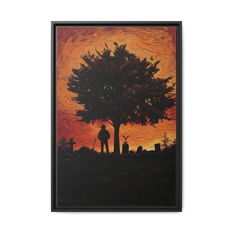 Black framed matte canvas wall art with silhouetted tree and sunset figures
