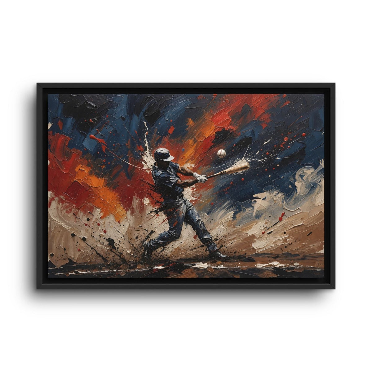 Framed baseball paint splatter canvas showing a swinging player with scattered baseball details
