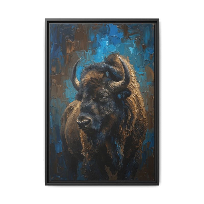 Black framed canvas wall art with bison portrait and blue textured background.