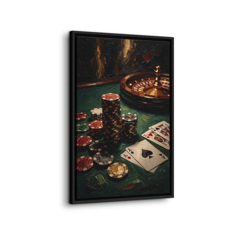 Black-framed casino canvas featuring roulette, poker chips, and playing cards