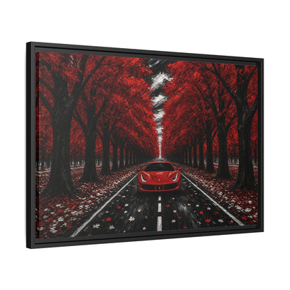 Framed canvas wall art angled view: red sports car on an autumn road with trees