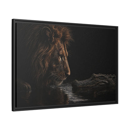 Black framed canvas wall art depicting a lion looming over an alligator in water.