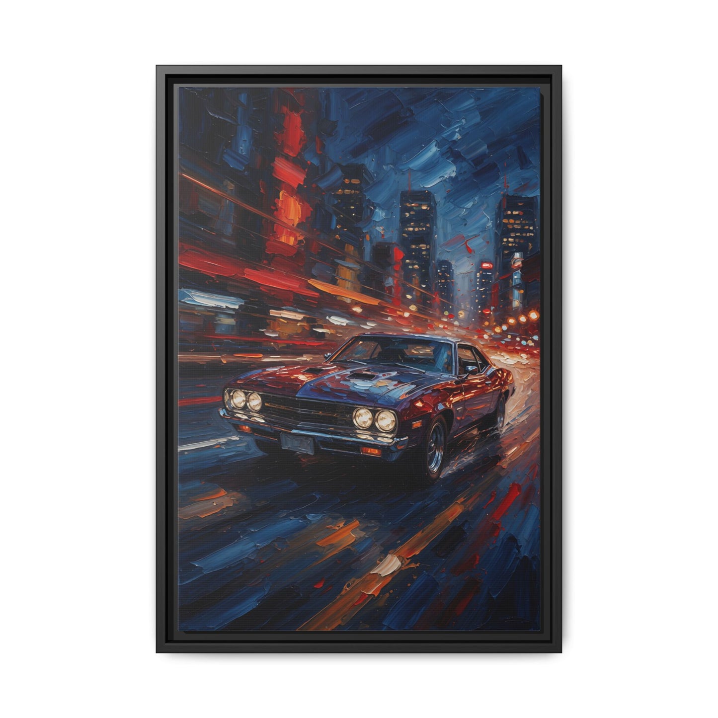 Framed Matte Canvas – Retro Muscle Car City Night Print